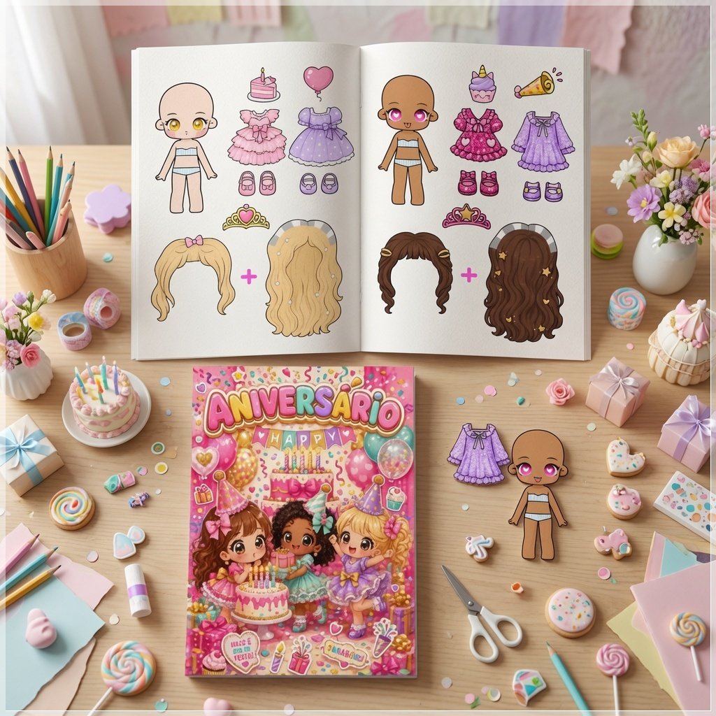 Arquivo de Corte Livro Interativo Paper Dolls Bonecas de Papel Aniversário 1