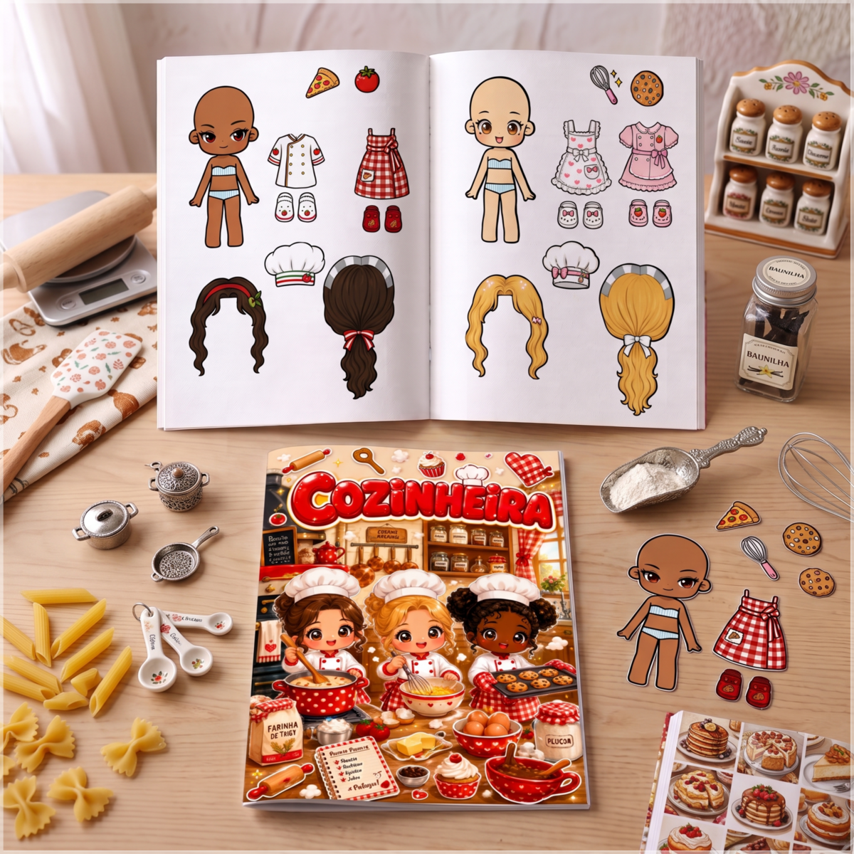 Arquivo de Corte Livro Interativo Paper Dolls Bonecas de Papel Cozinheira Chefe de Cozinha 3