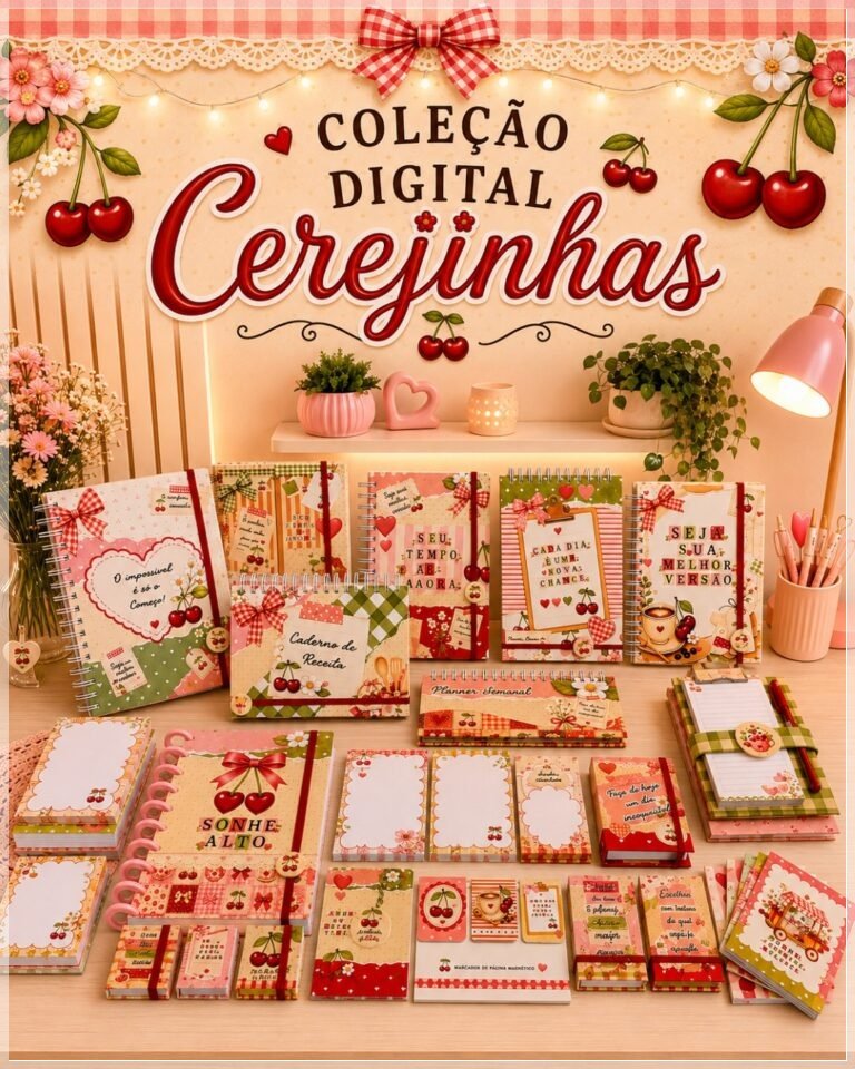 Encadernação - Coleção Cerejinha (Brochurrinha A6, Card, Capas, Chaveiro Post it, Marca Pagina, Planner e Chaveiro Bottons)